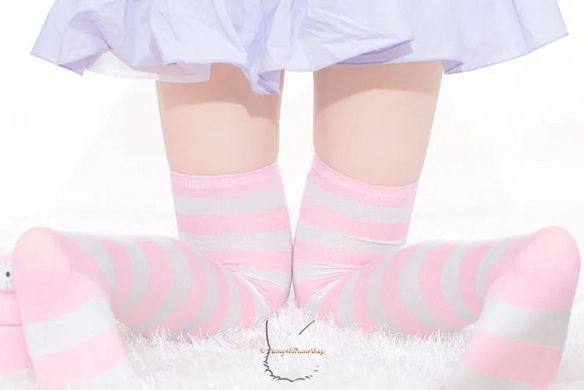 Long women's stockings with stripes above the knee - white-pink