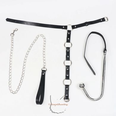 Adjustable leather neck straps with metal anal hook and leash - BDSM bondage