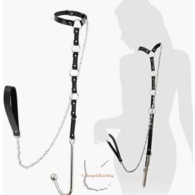 Adjustable leather neck straps with metal anal hook and leash - BDSM bondage