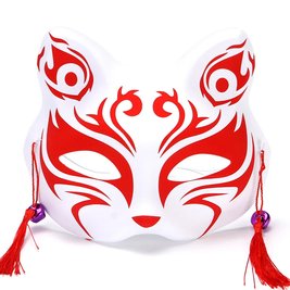 Японская маска лисы (кицунэ) - Japanese fox mask (kitsune) с колокольчиками - красная, тип C