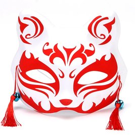 Японська маска лисиці (кіцуне) - Japanese fox mask (kitsune) з дзвіночками - червона, тип E